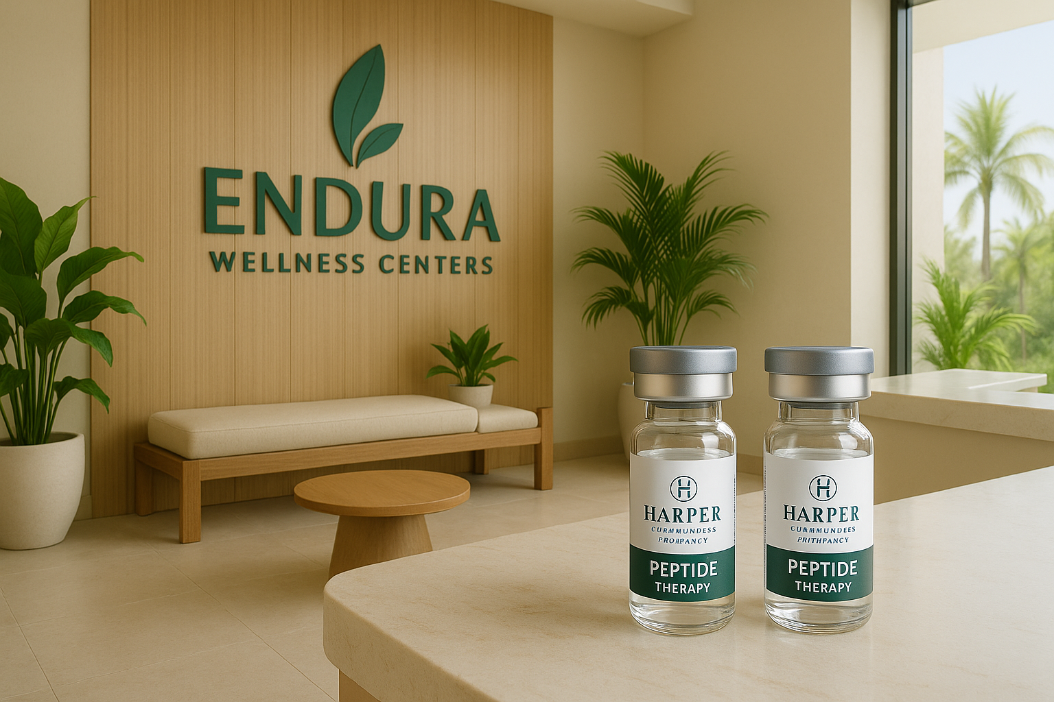 Endura Wellness Centers reception area with peptide therapy vials